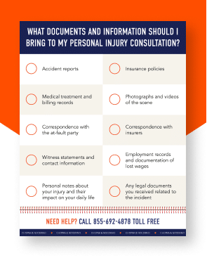 Infographic listing documents needed for personal injury consultations.