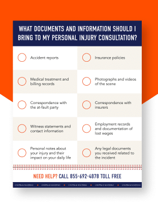 Infographic listing documents needed for personal injury consultations.