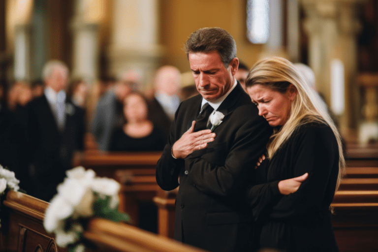Grieving man and woman at a funeral