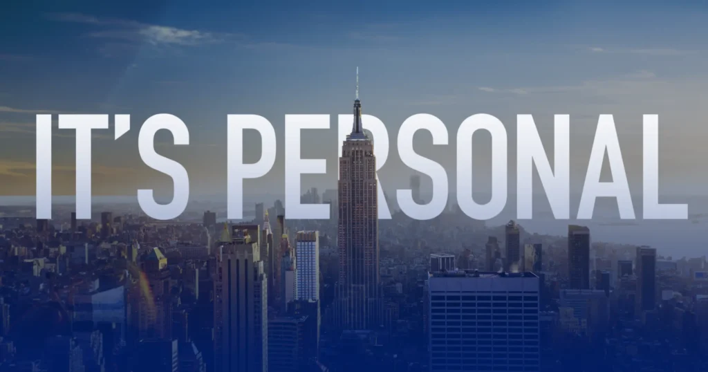 New York Sky Line with blue gradient and white text showing 'It's Personal'