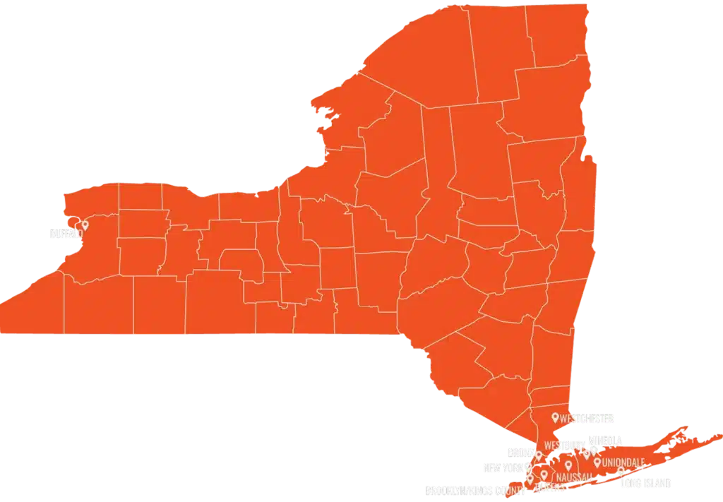 Map of New York State showing Chopra & Nocerino's personal injury service areas across NYC, Long Island, and Buffalo.