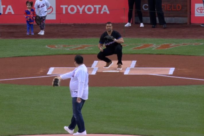 Alex Nocerino on the pitchers mound at the New York Mets game on Friday, April 12