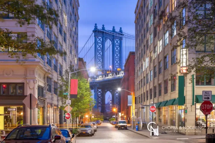Sunset view of downtown Brooklyn with the Brooklyn bridge in the background